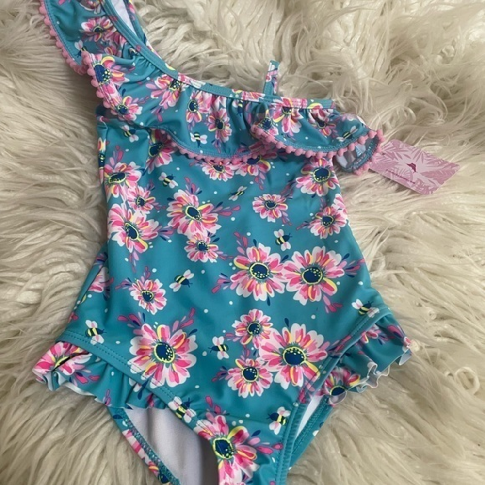 Tommy Bahama blue floral ruffle one piece swimsuit girls 5 NWT